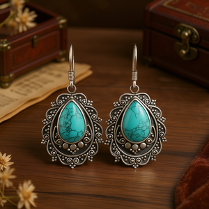 Pendientes de Turquesa E4027, Plata 925, Acabado Antiguo, Estilo Vintage, Joyería para Mujer, Uso Diario, Engaste de Bisel, Forma de Gota de Agua - Product Image 2