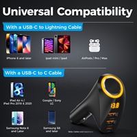 Cargador Rápido USB Tipo C de 75W con 3 Puertos, Adaptador para Auto PD QC, Anillo de Luz LED, Pantalla de Voltaje, 12-24V, Encendedor de Cigarrillos, Garantía de 3 Años