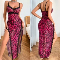 Robe longue sexy à imprimé léopard pour femmes avec jarretelles en dentelle décorées de trous de nœuds évider une taille