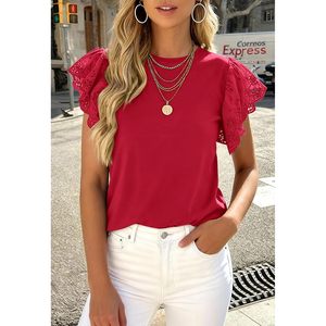Blusa de Mujer con Manga Casquillo, Encaje Rojo, Manga Abullonada, Cuello Redondo, Transpirable, Camiseta Básica de Verano, Blusa Casual Elegante para el Trabajo - Product Image 6