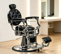 Fauteuils de barbier vintage haut de gamme en cuir noir capitonné, fauteuil de barbier professionnel inclinable hydraulique en chrome poli