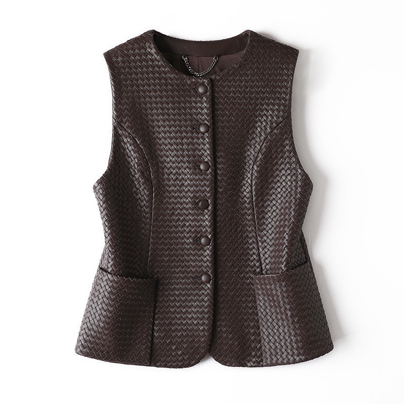 3262 New Style V Neck Slim Sleeveless Hand-woven Genuine Sheepskin Leather Vest for Women