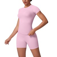 Pakaian Yoga 2 Potong Eropa Amerika Tanpa Jahitan Warna Solid Bernapas Ketat Elastis Tinggi Spandex/Nilon Anti Kusut