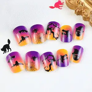 24Pcs Black Witch Cat Bat Spider Ghost Halloween Design Press On Nails Nail Art False Tips