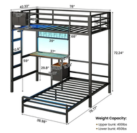 Lit superposé réglable en métal avec bureau, lumières LED, étagères de rangement et tiroirs, lit mezzanine taille double, cadre de lit sans sommier, noir