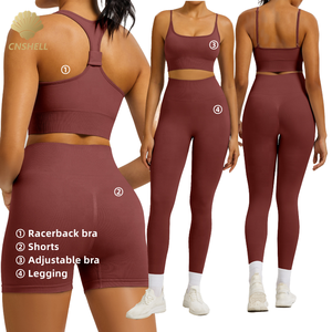 Ensemble de shorts de yoga pour femmes de haute qualité, respirant, à séchage rapide, pour le pilates, avec taille élastique et logo frontal - Tenue de sport 4 pièces - Product Image 1