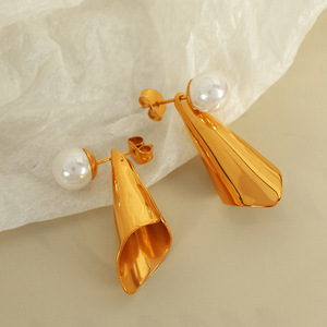 ต่างหูทรงเรขาคณิตประดับมุกเคลือบทองสำหรับสวมใส่ทุกวัน เครื่องประดับผู้หญิง EH555 - Product Image 3