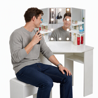 Table de toilette en mélamine avec miroir d'angle, tiroir et éclairage LED