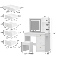 En gros Coiffeuse blanche en MDF pour maquillage avec miroir LED, 5 tiroirs, étagères de rangement et tabouret