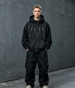 Sweat-shirt à capuche personnalisé pour homme, 100% coton, molleton français, fermeture éclair sur le devant, strass, coupe ample, streetwear, vêtements d'automne - Product Image 2