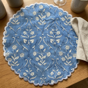 Cornflower <b>Blue</b> and White Indian Floral Hand Block Printed 100% Pure Cotton Round Eco-Friendly Reusable <b>Table</b> Decor Mats - Product Image 3