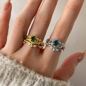 Juego de Anillos de Moda Clásica con Ágata Verde Musgo Natural y Latón Chapado en Oro de 18K, Regalo para Novia o Mujer - Product Image 4
