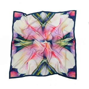 High Quality Elegant Tulips Pattern Hair Scarf Hand Rolled Hem Twill Silk Scarves with Private Label