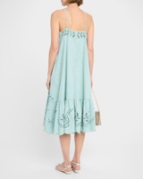 Robe décontractée en coton personnalisée style boutique, broderie anglaise, couleur unie, bretelles spaghetti, sans manches, coupe midi évasée