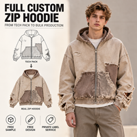 Sweat-shirt à capuche zippé intégral pour homme, personnalisé, délavé, vieilli, patchwork, avec étiquette tissée, pour marque streetwear, vente en gros de vêtements