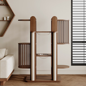 Mesa de Salto para Gatos de Madera Maciza Color Nogal, Árbol para Gatos de Lujo con Nido Grande Integrado y Cierre de Botón para Sala de Estar - Product Image 3