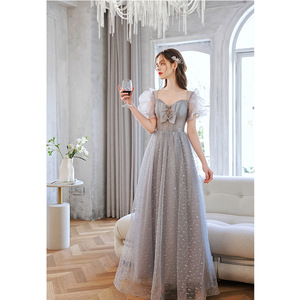 Grey Puff Sleeve Evening Gown Sweetheart Neckline Empire Waist Ruffles Performance Wedding Dress - Product Image 2