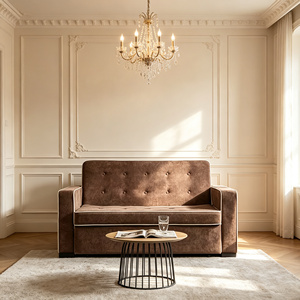 Canapé-lit moderne en daim marron avec coussin capitonné et bordure blanche, structure métallique robuste, design double usage, idéal pour les petites familles - Product Image 1
