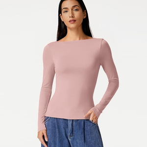 Chemisiers à manches longues pour femmes, <span class=keywords><strong>col</strong></span> bateau, dos drapé, double doublure, hauts décontractés extensibles et ajustés pour sorties - Product Image 2