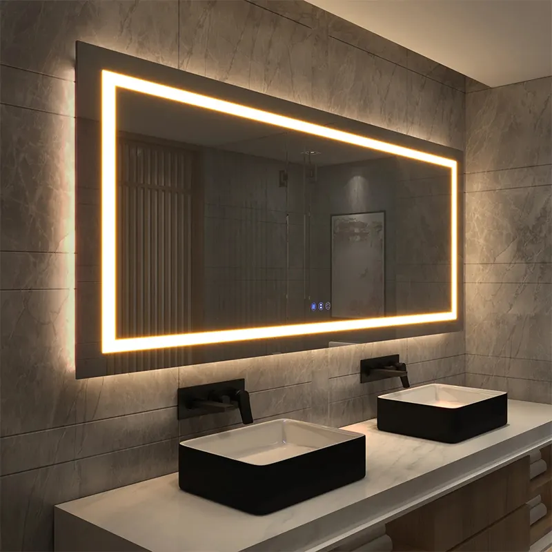 Espejo de baño con retroiluminación inteligente antivaho, espejo LED de baño con pantalla táctil montado en la pared regulable continua para Hotel