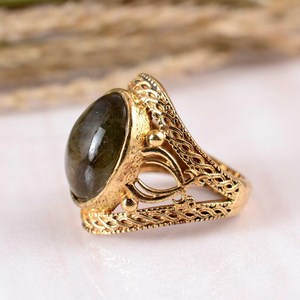 แหวนหมั้นลาบราดอไรต์รูปไข่สีน้ำเงินประดับเพชร งานแฮนด์เมด ทอง 14K ชุบทองเหลือง เครื่องประดับสไตล์โบโฮ สำหรับเป็นของขวัญวันครบรอบ - Product Image 2