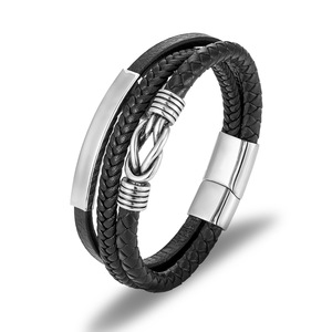 3-Layer Braided Black <b>Leather</b> <b>Bracelet</b> With Stainless Steel Magnetic Clasp & Charm | Men's Fashion Jewelry - Product Image 1