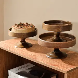 Vendeur chaud moderne en bois d'acacia salon plateau à gâteau avec couvercle en verre anti-poussière Dessert Table fruits assiette en bois plat
