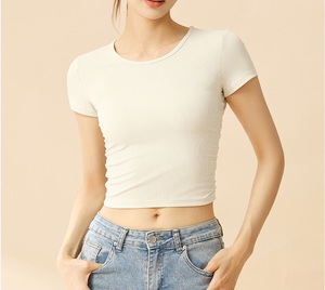 Haut de yoga côtelé pour femme, manches courtes, col rond, t-shirt d'entraînement ajusté, séchage rapide, extensible, pour le fitness - Product Image 1