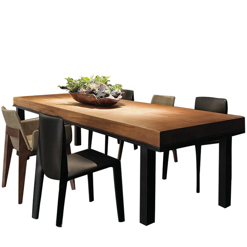 Mesa de jantar retangular moderna de madeira, estilo industrial, com pernas de metal