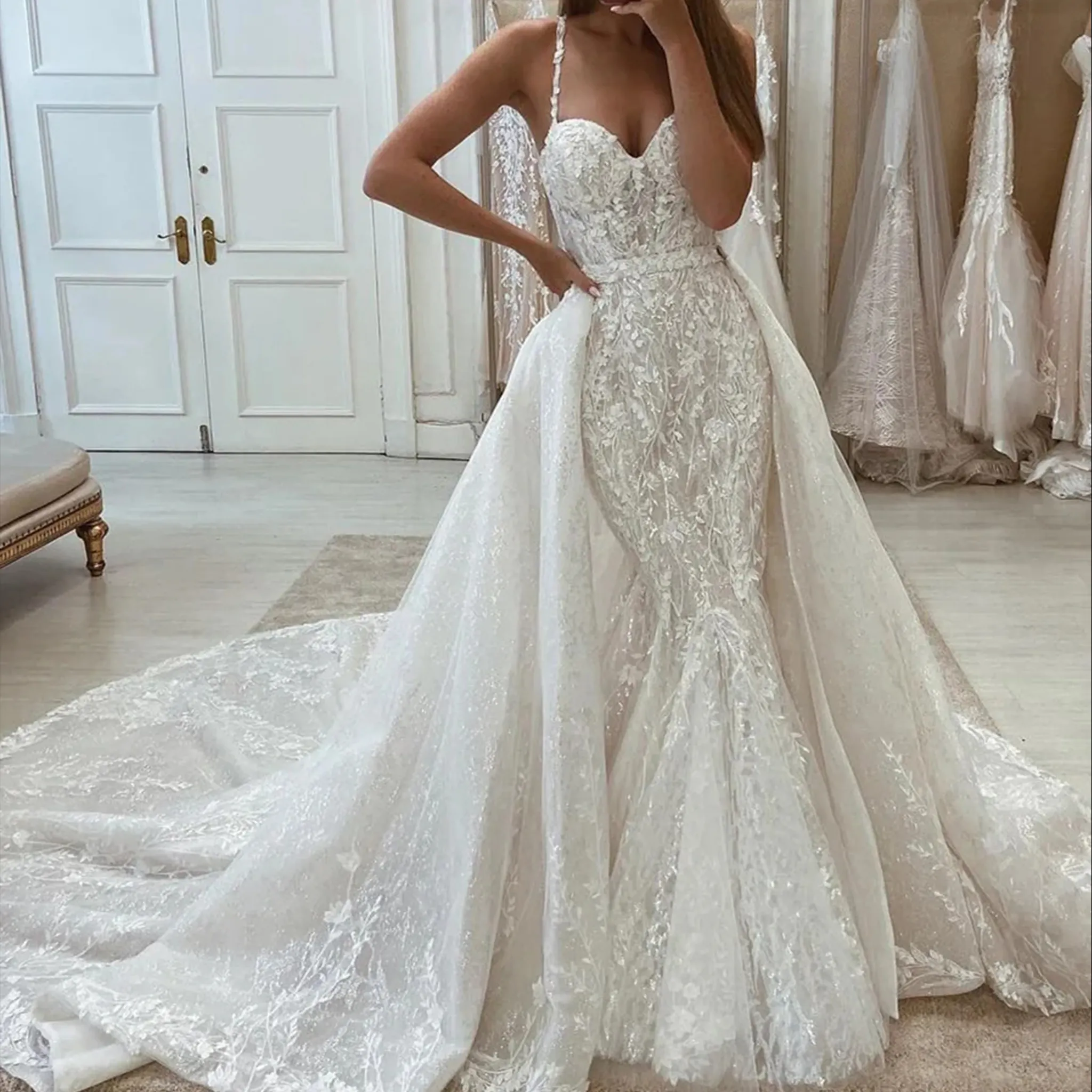 Sevintage Luxury Mermaid Wedding Dresses with Removable Train Lace Appliques Sweetheart Bridal Gowns Plus Size Wedding Dress