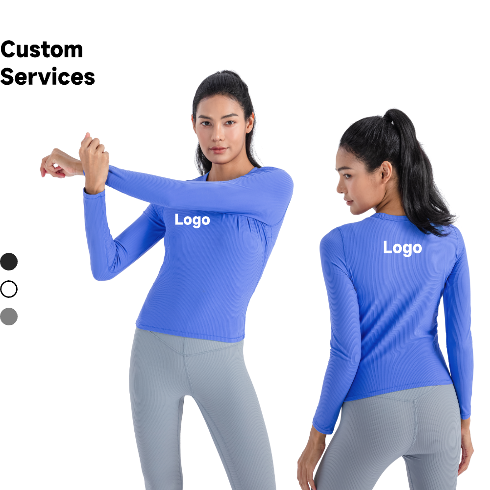 Lightweight Yoga Top Vertical Striped Ribbed 2.0 High Elastic Shaping Sports Long Sleeve T-Shirt Front Print Waist DAW018