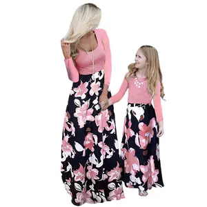 Family Matching Dress Mom and Baby Girl Flower Clothing Mother Daughter Long Sleeve Dresses Mom and Me