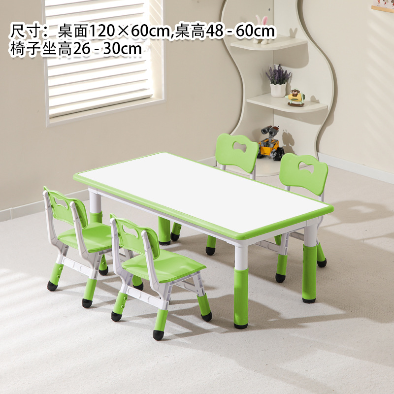 A table and four chairs in white slate green.