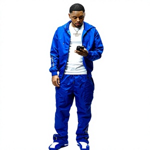 Survêtement bleu à capuche pour homme, manches longues, couleur unie, respirant, léger, ensemble deux pièces, coupe classique, style streetwear, été - Product Image 1