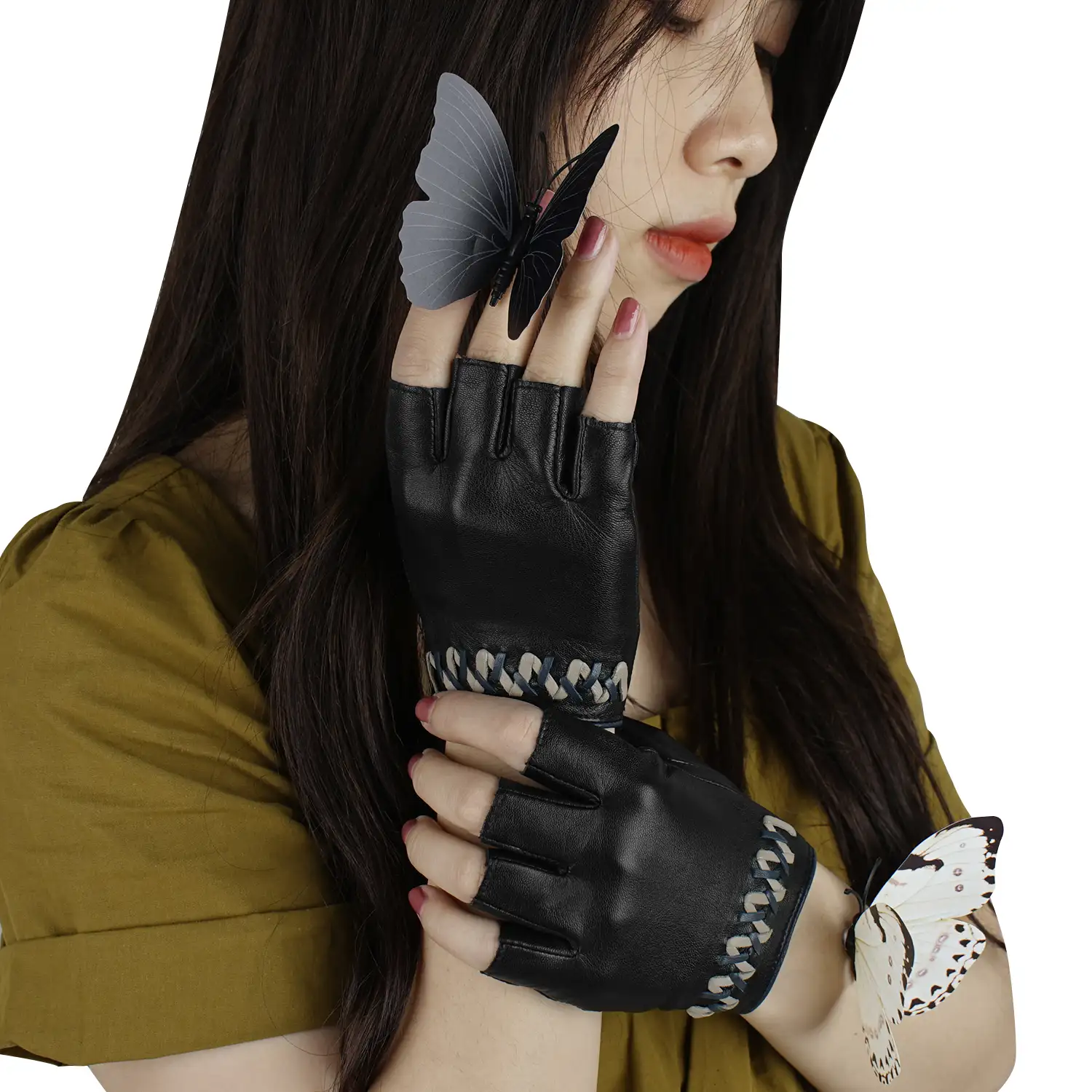 GSG אופנה צבע בלוק עור לקלוע קישוט קמטים חצי אצבע נשים ללא אצבעות נהיגה מעוור טלה עור כפפות