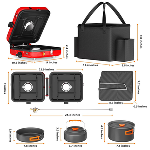 Ensemble de réchauds de camping pliants et portatifs à 2 brûleurs pour l'extérieur avec ustensiles de cuisine, poêle à frire, plaque chauffante, bouilloire, marmite, sac de transport, 20,000 BTU/h - Product Image 3