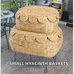 Set of 2 <b>Small</b> Vintage Circle Scalloped Edge Water Hyacinth Storage <b>Baskets</b> <b>with</b> <b>Lids</b> Eco-Friendly & Multifunction - Product Image 2