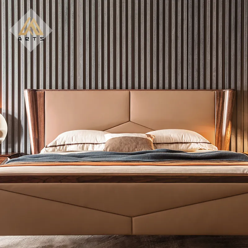 Zingana रात्रिस्तंभ ठोस लकड़ी के साथ असली लेदर बिस्तर सेट बिस्तर अंत मल दक्षिण पूर्व एशिया डिजाइन राजा आकार बिस्तर