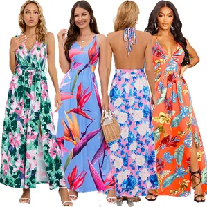 Latest lady summer fashion casual printed floral V-neck backless beach bohemian dress