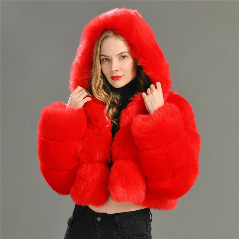 Fashion Red Faux Fur Bubble Coat Brnmxoke Women's Faux Fur Cropped