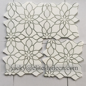 Mosaïque <span class=keywords><strong>de</strong></span> marbre Thassos blanc mélangé à du verre miroir argenté, motif <span class=keywords><strong>de</strong></span> champ <span class=keywords><strong>de</strong></span> marguerites, pour mur décoratif - Product Image 3