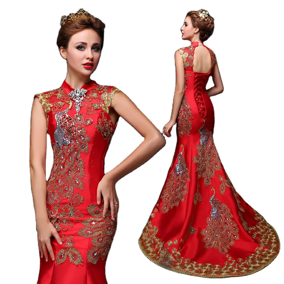 Luxury Blue Red Embroidered Chinese Evening Dress Long Cheongsam Bride Wedding Qipao Mermaid Host Dresses Oriental Qi Pao