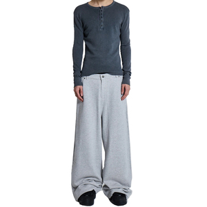 Men's <b>Light</b> Gray Wide Leg Casual Pants High Waist Zip Fly Straight Loose Breathable Knitted Cotton Summer <b>Trousers</b> - Product Image 4