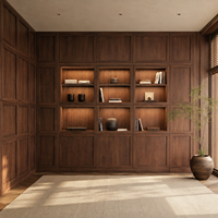 Panneau mural en noyer sur mesure de luxe moderne, bibliothèque intégrée et armoire de rangement murale avec éclairage LED