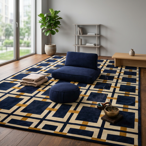 Alfombra Moderna Geométrica Azul Marino Rectangular Antideslizante con Diseño de Pelo Medio para Sala de Estar - Product Image 4
