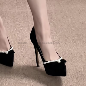Nouvelles escarpins noirs en velours pour femme, ornés de perles, à talons aiguilles, plateforme et bout fermé, pour soirée - Product Image 4