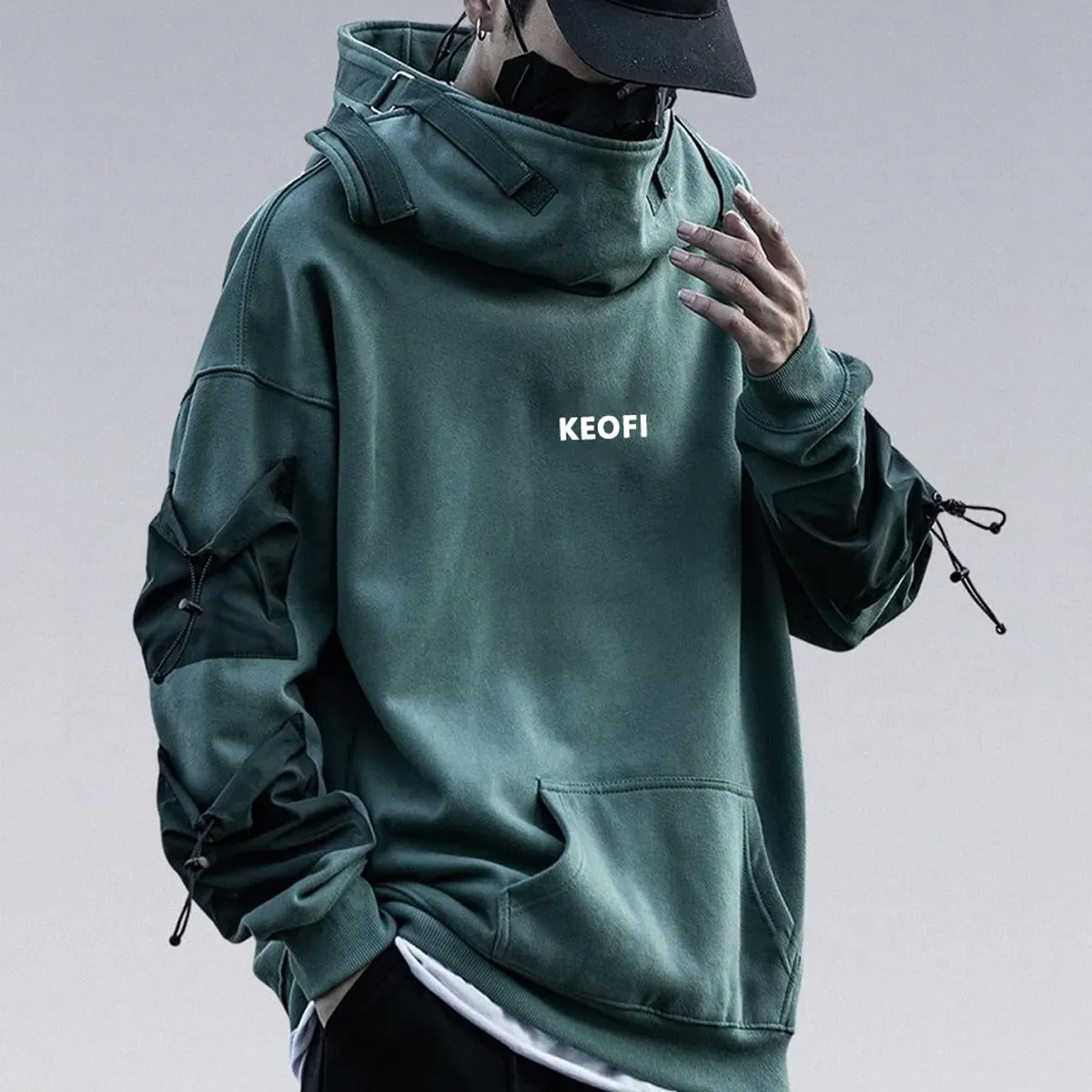 Kustom kualitas tinggi gaya hip hop pria Jepang kebesaran hoodie leher tinggi ninja turtleneck streetwear ikan mulut hoodie