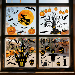 Autocollants statiques pour fenêtres d'Halloween, décorations de fenêtres en verre pour fête d'Halloween avec des motifs de citrouille, sorcière, chauve-souris, épouvantail, fantôme - Product Image 4