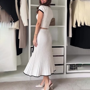 Knit Ribbed Ruffles Patchwork Women's Set Short Sleeve <b>Cardigan</b> and Midi Skirts 2024 Two 2 Piece Sets Outfits - Product Image 4