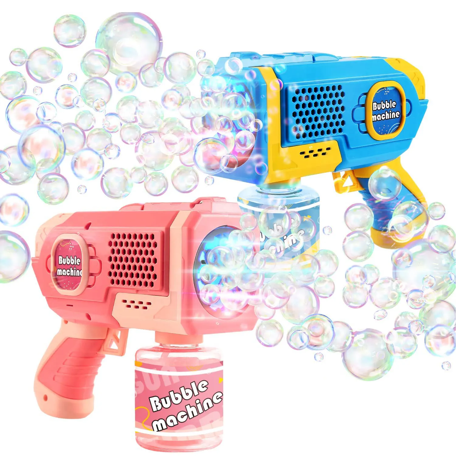 Mesin gelembung otomatis, mesin gelembung solusi peniup gelembung LED isi ulang, mainan pistol luar ruangan musim panas untuk anak-anak